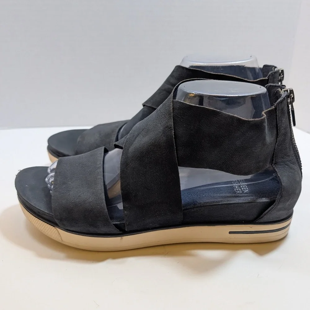 Eileen Fisher‎ Sport Platform Sandals Navy Nubuck Leather Cross Strap Back Zip 9
